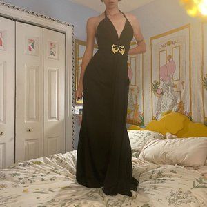 90s vintage halter Black silk gown with gold detail!